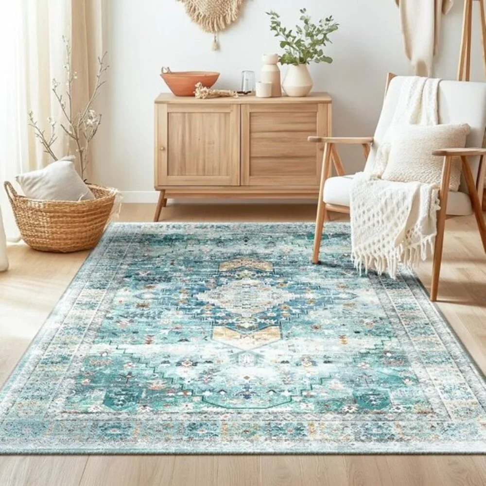5x7 Green Boho Area Rug, Washable, No Pile, Non-Slip Vintage Distressed Carpet